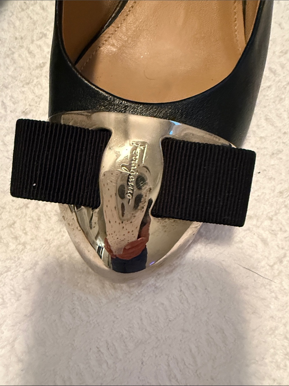 Salvatore Ferragamo Black Leather Pump with Silver Toe and Grosgrain Bow
